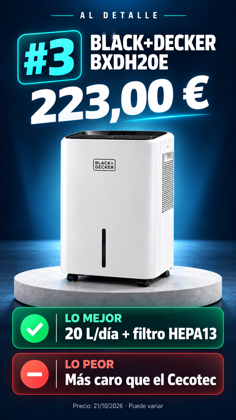 Ficha ilustrada del puesto 3: BLACK+DECKER BXDH20E, 223,00 €, con sus ventajas y límites