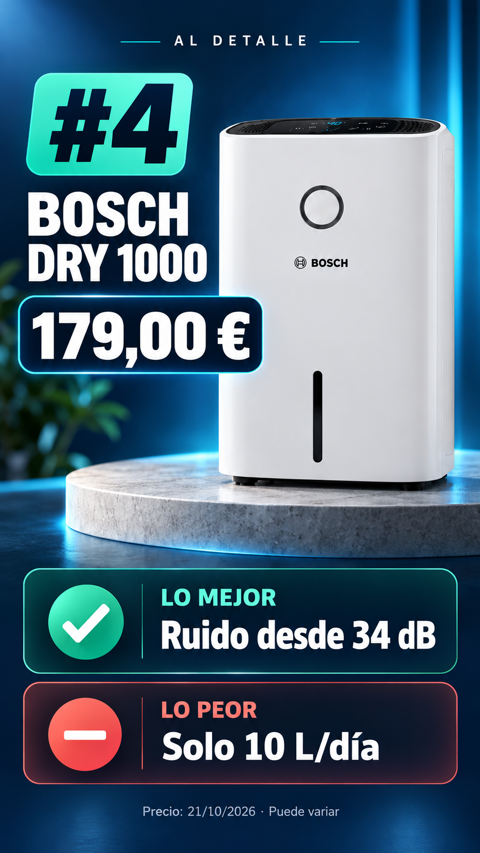 Ficha ilustrada del puesto 4: Bosch Dry 1000, 179,00 €, con sus ventajas y límites