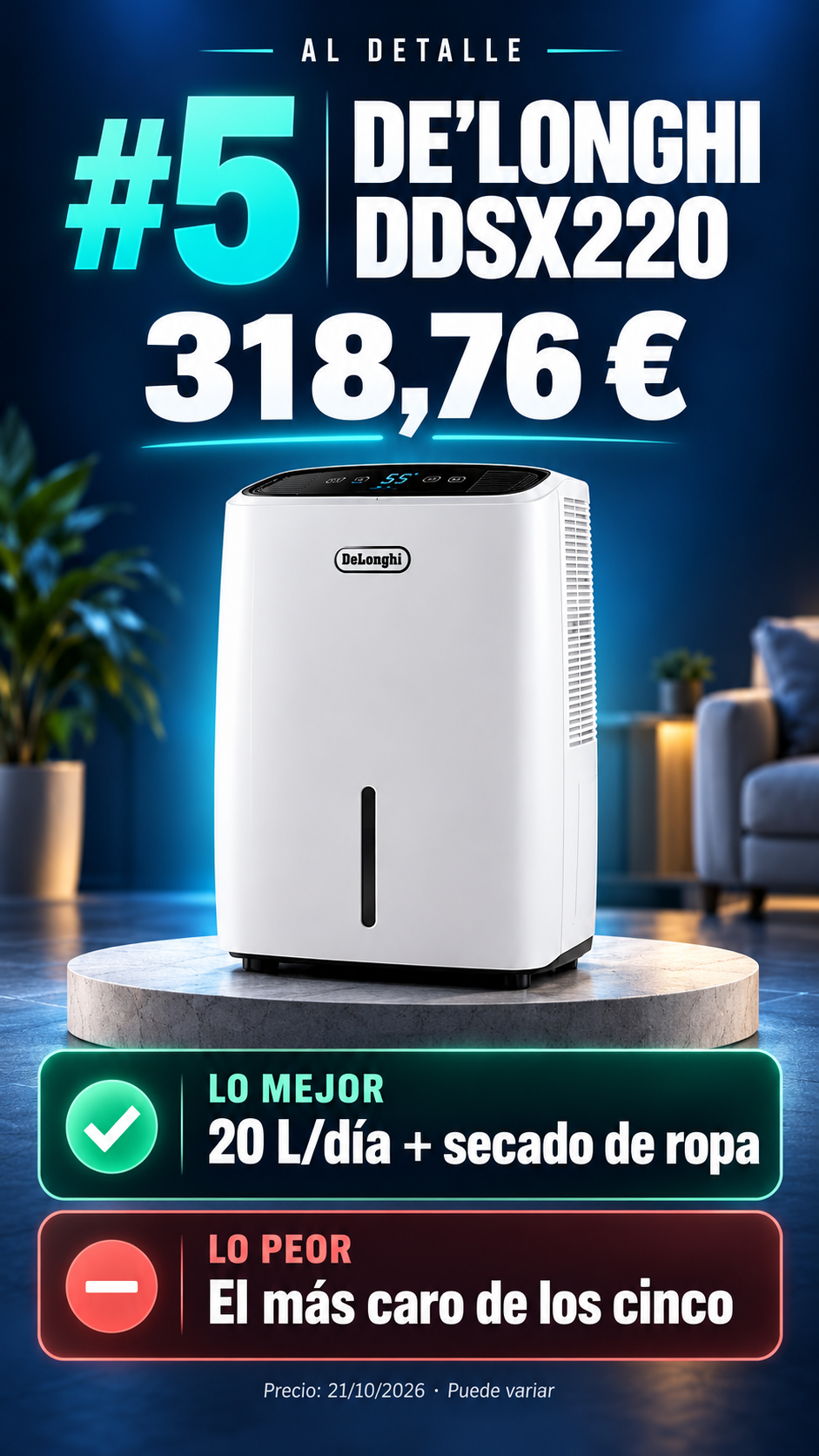 Ficha ilustrada del puesto 5: De’Longhi Tasciugo AriaDry Multi DDSX220, 318,76 €, con sus ventajas y límites
